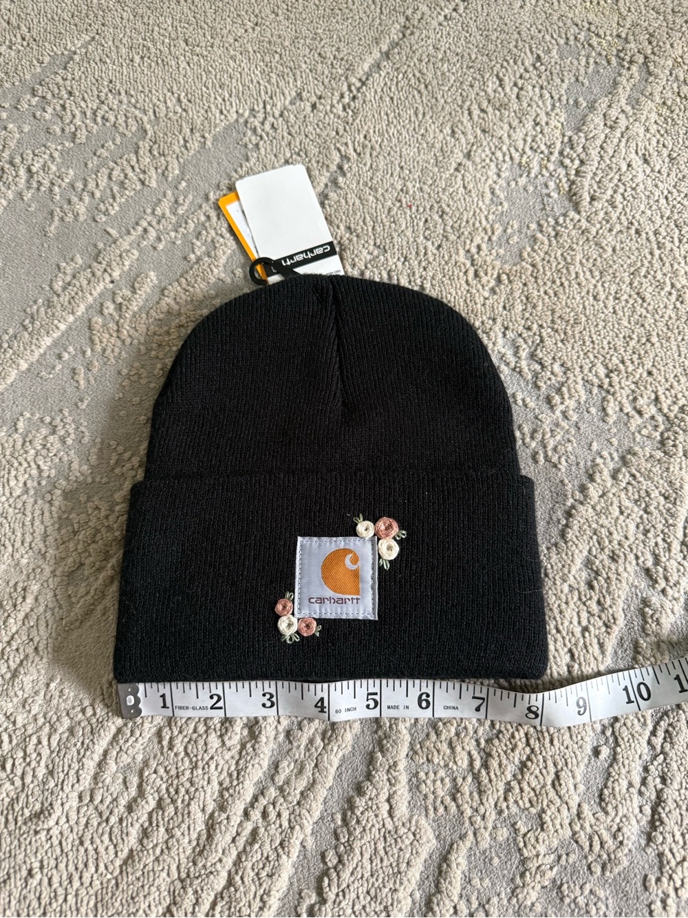 Carhartt Black Beanie hand Embroidered Floral Logo Patch one size new - Picture 6 of 7